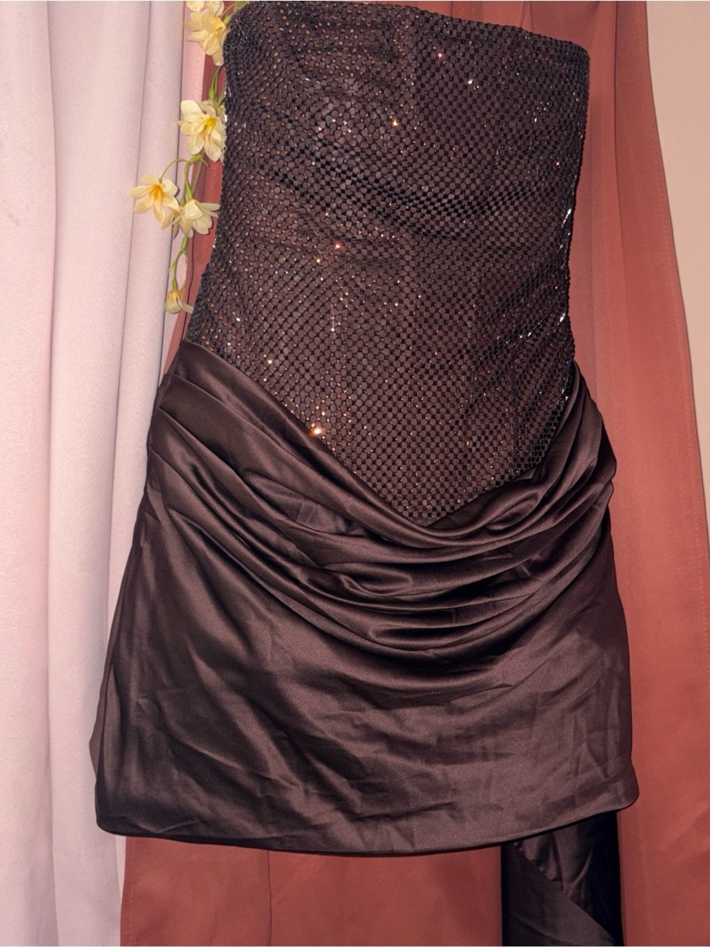 Strapless Sequin Bodice Mini Dress in Deep Brown